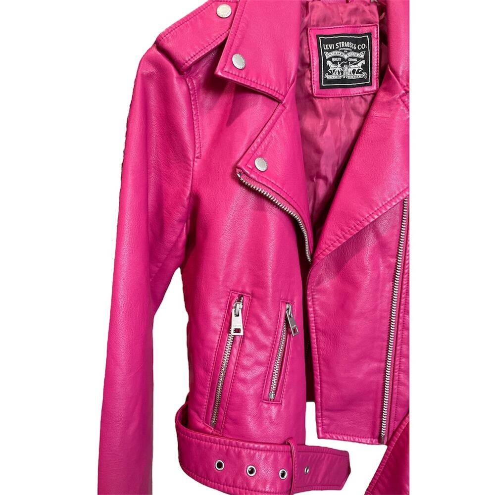 Levi’s Hot Pink Faux Leather Moto Biker Jacket Belted XS NWT - Picture 5 of 10
